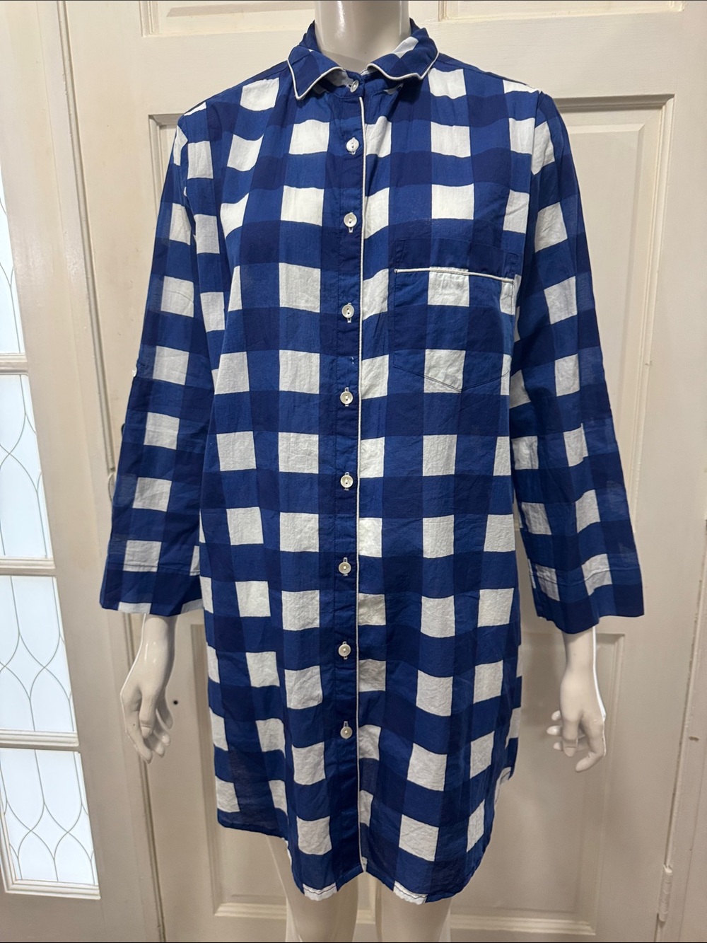 Julia Amory 100%Cotton Blue & White Long Sleeve Check Shirt Dress Size Medium